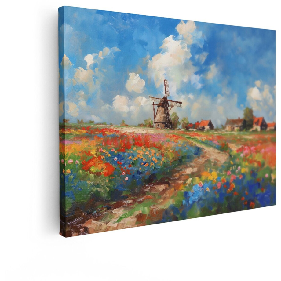 Artaza Canvas Schilderij Schilderachtig Hollands Landschap met Bloeiende Tulpenvelden en Molen - 80x60 cm - Wanddecoratie Woonkamer - Schilderijen - Muurdecoratie afbeelding 1