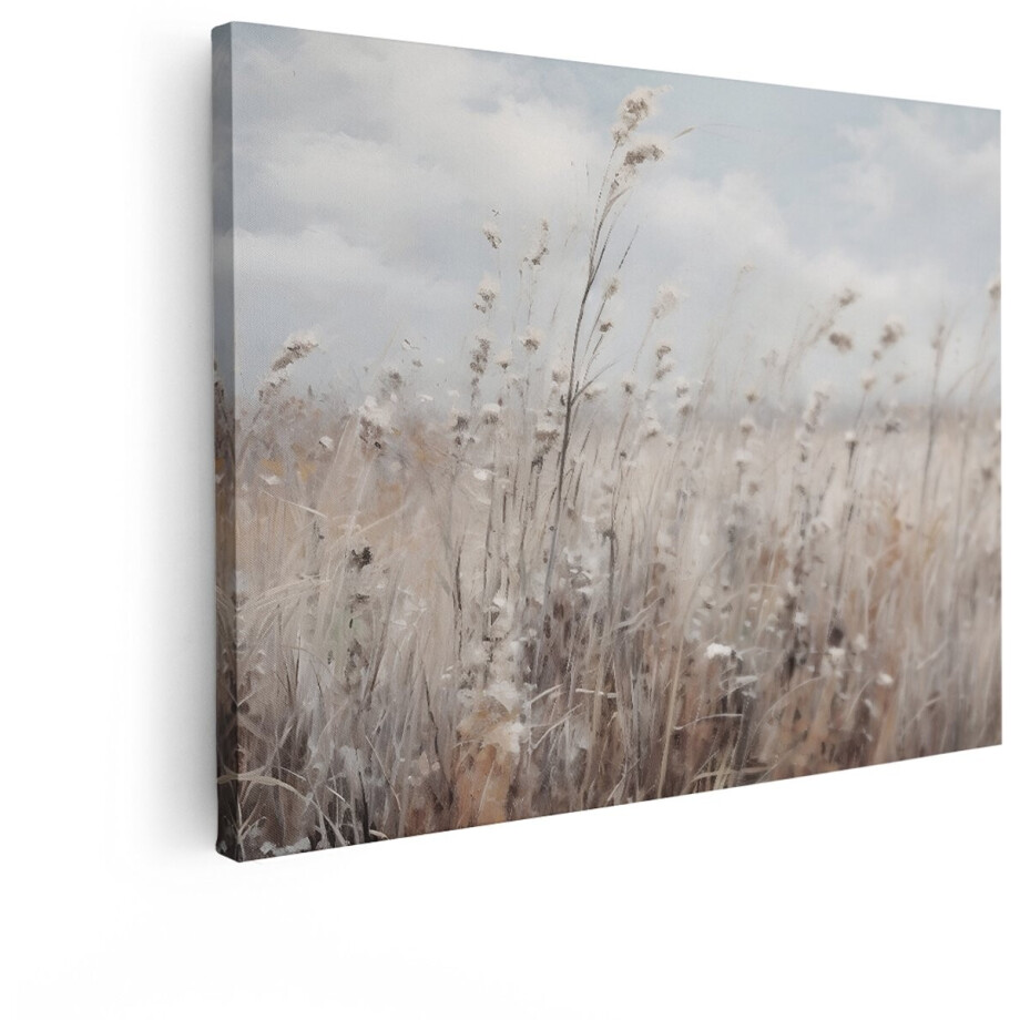 Artaza Canvas Schilderij Zachte - Wazige Veldgrassen Bewegen in de Wind onder een Bewolkte Hemel - 80x60 cm - Wanddecoratie Woonkamer - Schilderijen - Muurdecoratie afbeelding 1