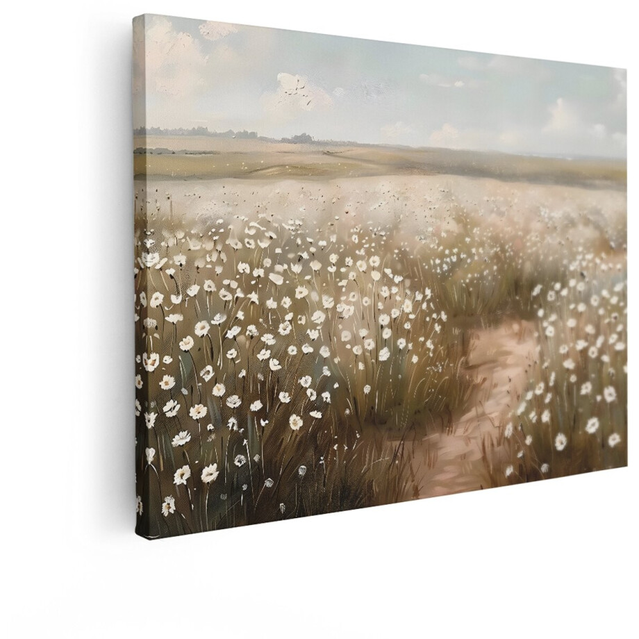 Artaza Canvas Schilderij Schilderachtig Veld met Witte Bloemen en een Pad - Zachte Ochtendgloed - 80x60 cm - Wanddecoratie Woonkamer - Schilderijen - Muurdecoratie afbeelding 1