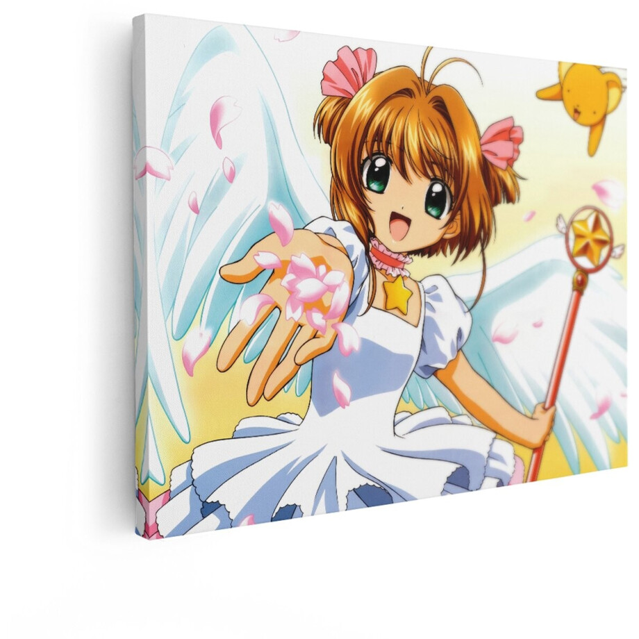Artaza Canvas Schilderij Anime Meisje met Vleugels en Toverstaf - Omringd door Bloemblaadjes en een Vliegend Wezentje - 120x90 cm - Groot - Wanddecoratie Woonkamer - Schilderijen - Muurdecoratie afbeelding 1