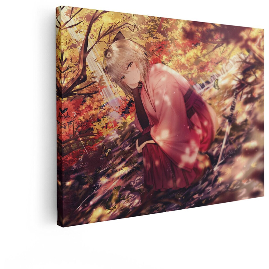 Artaza Canvas Schilderij Anime Meisje in Kimono met Zwaard in Herfstbos met Vlinders - 40x30 cm - Klein - Wanddecoratie Woonkamer - Schilderijen - Muurdecoratie afbeelding 1