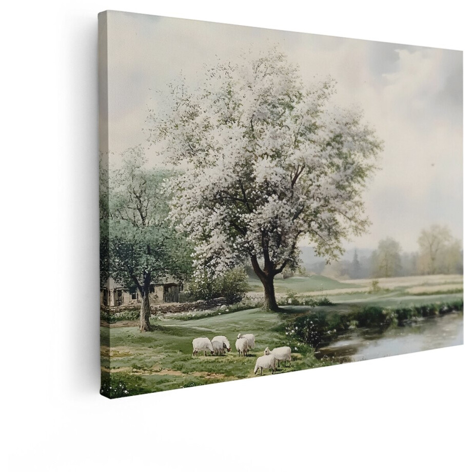 Artaza Canvas Schilderij Landschap - 80x60 cm - Wanddecoratie Landelijk - Muurdecoratie Bloeiende Boom - Schilderijen Natuur Schapen afbeelding 1