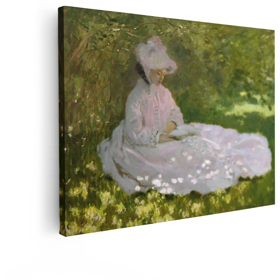 Artaza Canvas Schilderij Vrouw - 40x30 cm - Wanddecoratie Monet - Muurdecoratie Impressionisme - Decoratie Lente - Roze afbeelding 1