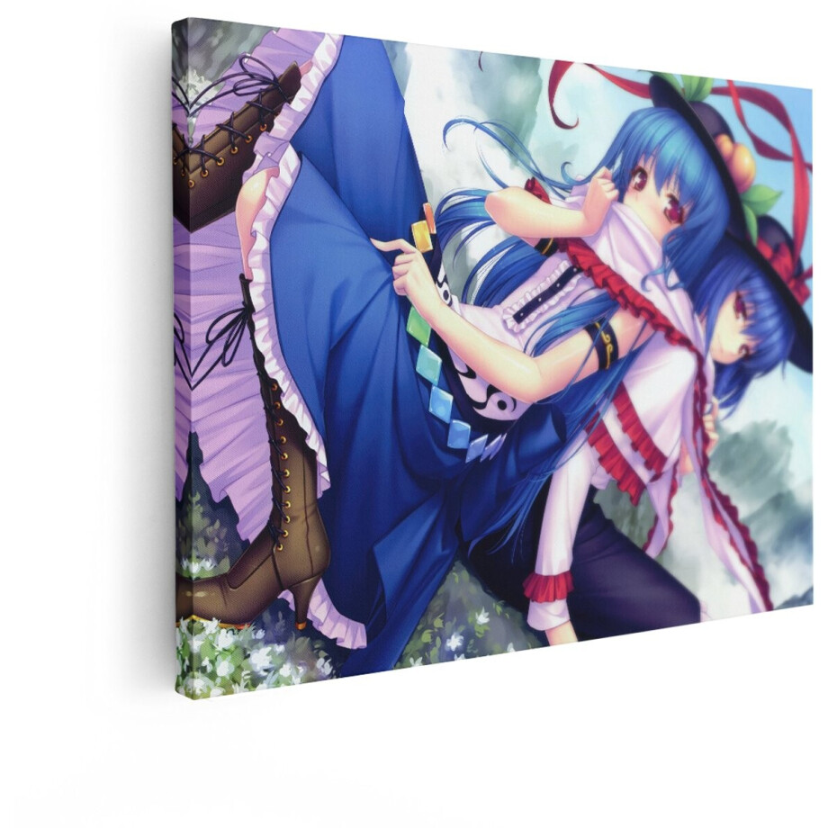 Artaza Canvas Schilderij Twee Anime Meisjes met Blauw haar Omhelzen Elkaar in een Weelderige - Groene Omgeving - 120x90 cm - Groot - Wanddecoratie Woonkamer - Schilderijen - Muurdecoratie afbeelding 1