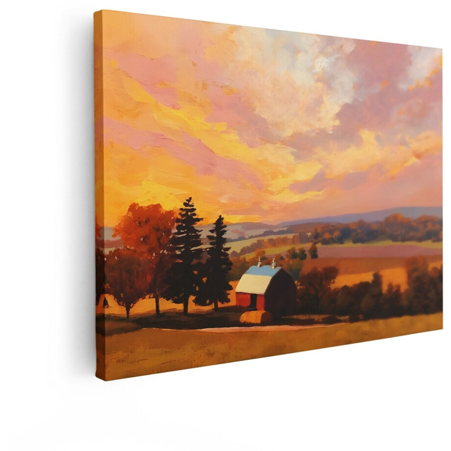 Artaza Canvas Schilderij Schilderachtig Boerderijlandschap bij Zonsondergang met Levendige Wolken - 80x60 cm - Wanddecoratie Woonkamer - Schilderijen - Muurdecoratie afbeelding 1