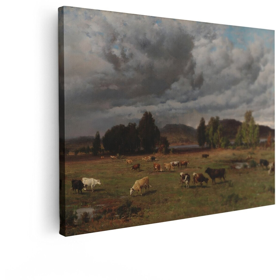 Artaza Canvas Schilderij Boerderijlandschap met Grazend Vee onder een Dramatische - Bewolkte Hemel - 40x30 cm - Klein - Wanddecoratie Woonkamer - Schilderijen - Muurdecoratie afbeelding 1