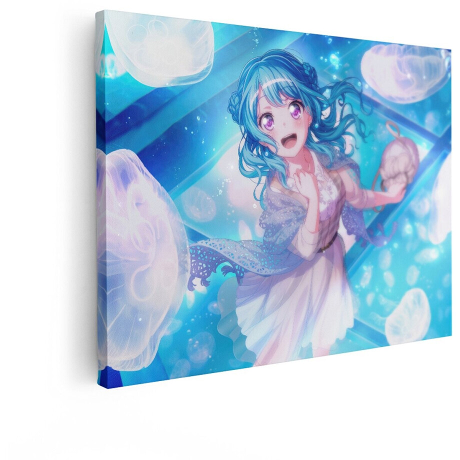 Artaza Canvas Schilderij Vrolijk Anime Meisje met Blauw haar Omringd door Kwallen in een Oceaanwereld - 40x30 cm - Klein - Wanddecoratie Woonkamer - Schilderijen - Muurdecoratie afbeelding 1