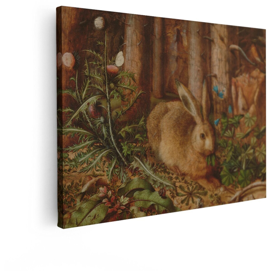 Artaza Canvas Schilderij Gedetailleerd Boslandschap met een Konijn dat Blaadjes Eet en Andere Dieren - 120x90 cm - Groot - Wanddecoratie Woonkamer - Schilderijen - Muurdecoratie afbeelding 1