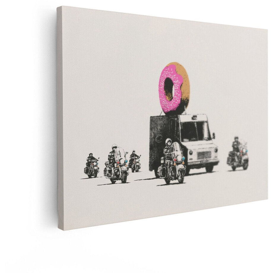 Artaza Canvas Schilderij Banksy Sale Ends - 120x90 cm - Wanddecoratie Donut Vrachtwagen - Muurdecoratie Politie Motor - Graffiti Popart Roze afbeelding 1