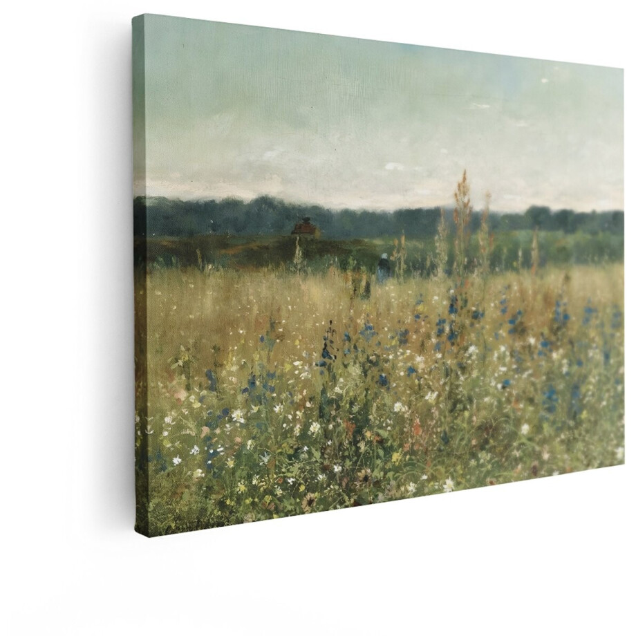 Artaza Canvas Schilderij Schilderij van een Zomerse Bloemenweide met een Boerderij op de Achtergrond - 120x90 cm - Groot - Wanddecoratie Woonkamer - Schilderijen - Muurdecoratie afbeelding 1