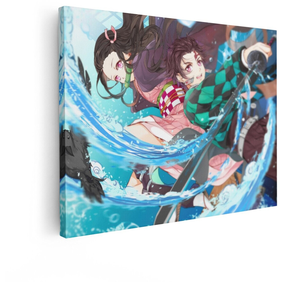 Artaza Canvas Schilderij Anime Broer en Zus Vechten met Zwaarden in Water - Demon Slayer Stijl - 120x90 cm - Groot - Wanddecoratie Woonkamer - Schilderijen - Muurdecoratie afbeelding 1