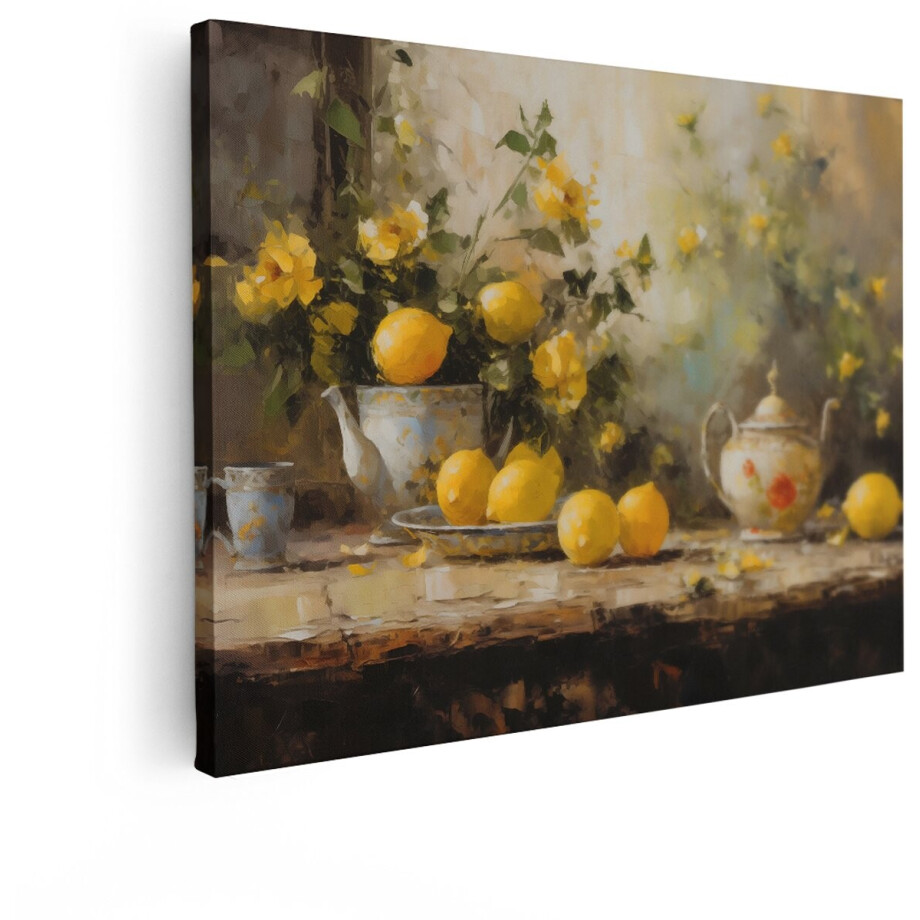 Artaza Canvas Schilderij Stilleven met Citroenen en Gele Rozen in een Schilderachtige Stijl - 40x30 cm - Klein - Wanddecoratie Woonkamer - Schilderijen - Muurdecoratie afbeelding 1