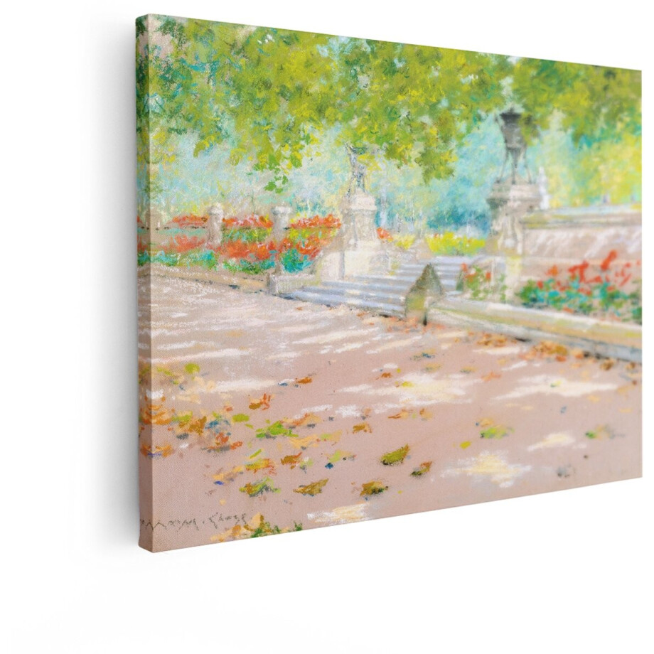 Artaza Canvas Schilderij Zonnige Parkscène met Bloemen en Vallende Bladeren - Impressionistische Stijl - 40x30 cm - Klein - Wanddecoratie Woonkamer - Schilderijen - Muurdecoratie afbeelding 1
