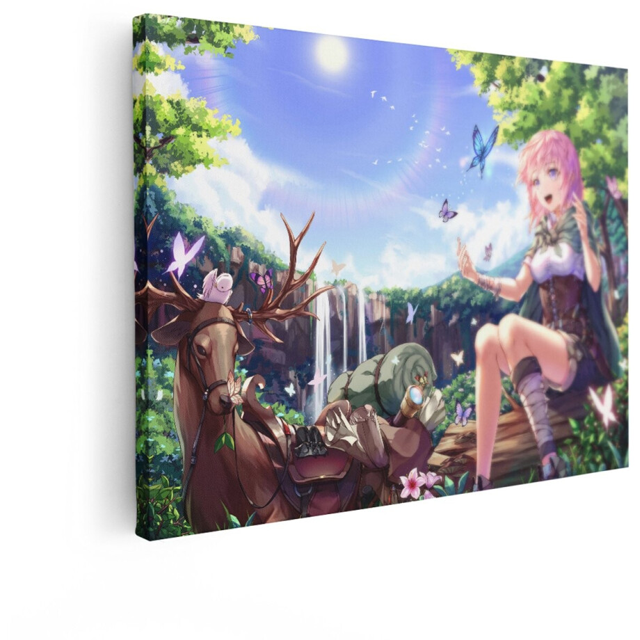 Artaza Canvas Schilderij Anime Meisje met Roze haar Zit in een Bos met Vlinders en een Hert - 40x30 cm - Klein - Wanddecoratie Woonkamer - Schilderijen - Muurdecoratie afbeelding 1