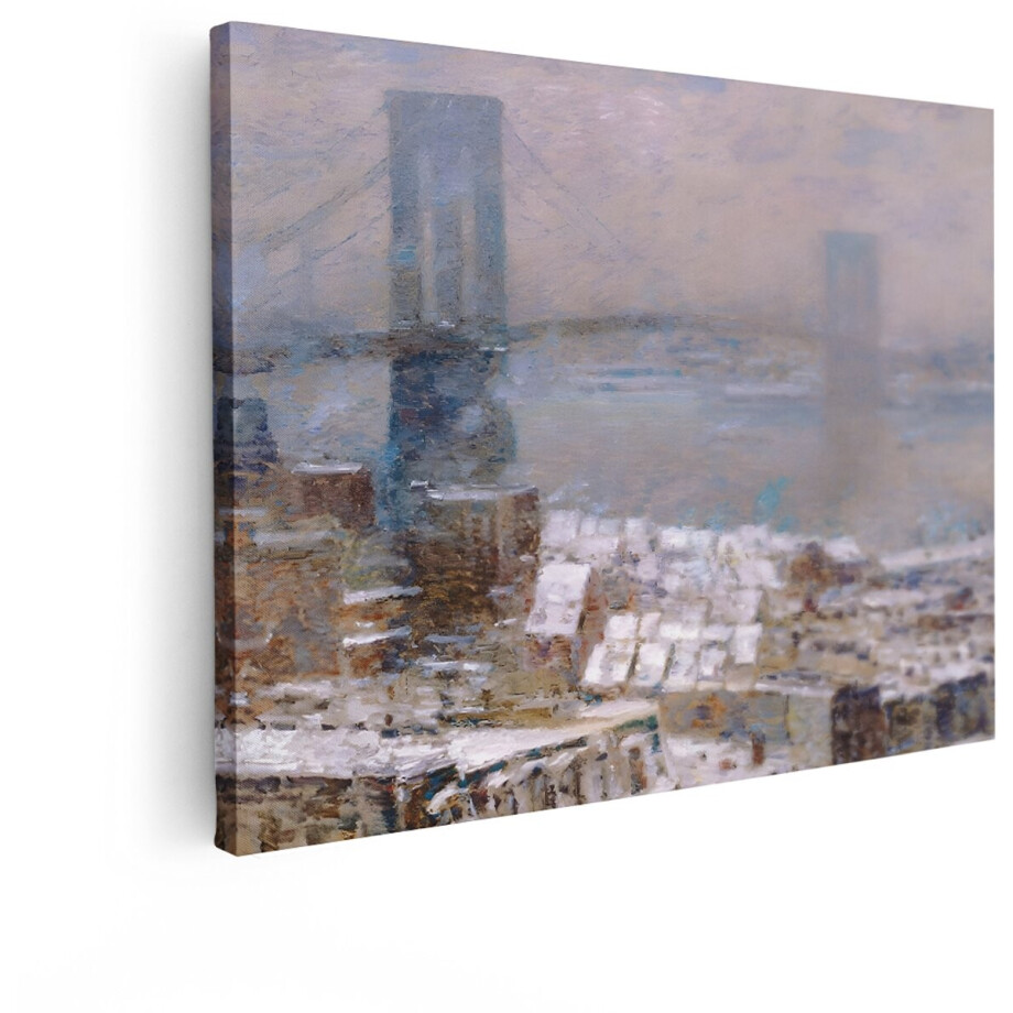 Artaza Canvas Schilderij Schilderij van een Besneeuwde Stad met Bruggen en Gebouwen in de Mist - 120x90 cm - Groot - Wanddecoratie Woonkamer - Schilderijen - Muurdecoratie afbeelding 1