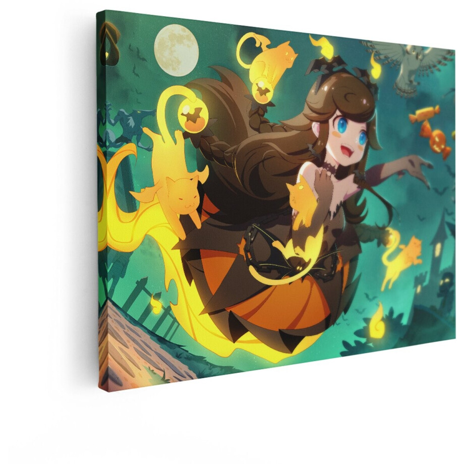 Artaza Canvas Schilderij Heks - 120x90 cm - Wanddecoratie Kinderkamer - Muurdecoratie Halloween - Decoratie Katten - Meisjeskamer afbeelding 1