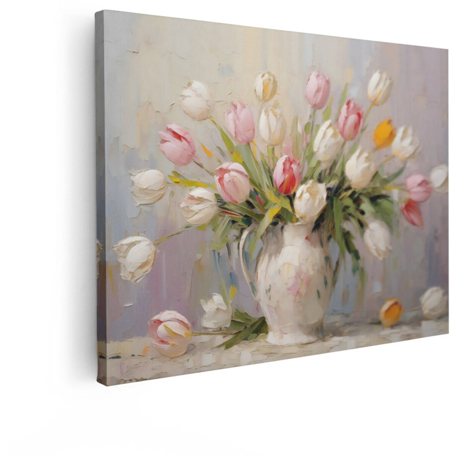 Artaza Canvas Schilderij Schilderij van een Vaas met Tulpen in Pastelkleuren - Impressionistische Stijl - 120x90 cm - Groot - Wanddecoratie Woonkamer - Schilderijen - Muurdecoratie afbeelding 1