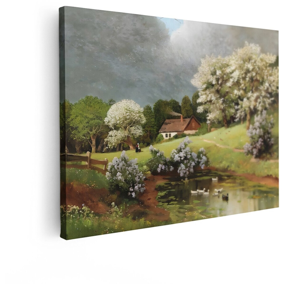 Artaza Canvas Schilderij Natuur - 40x30 cm - Wanddecoratie Landelijk Vijver - Muurdecoratie Eenden - Decoratie Bloesem Romantisch afbeelding 1