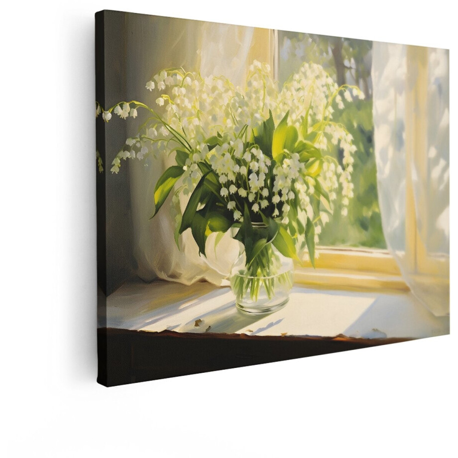 Artaza Canvas Schilderij Boeket Lelietjes van Dalen in een Glazen Vaas bij het Raam met Zonnestralen - 40x30 cm - Klein - Wanddecoratie Woonkamer - Schilderijen - Muurdecoratie afbeelding 1