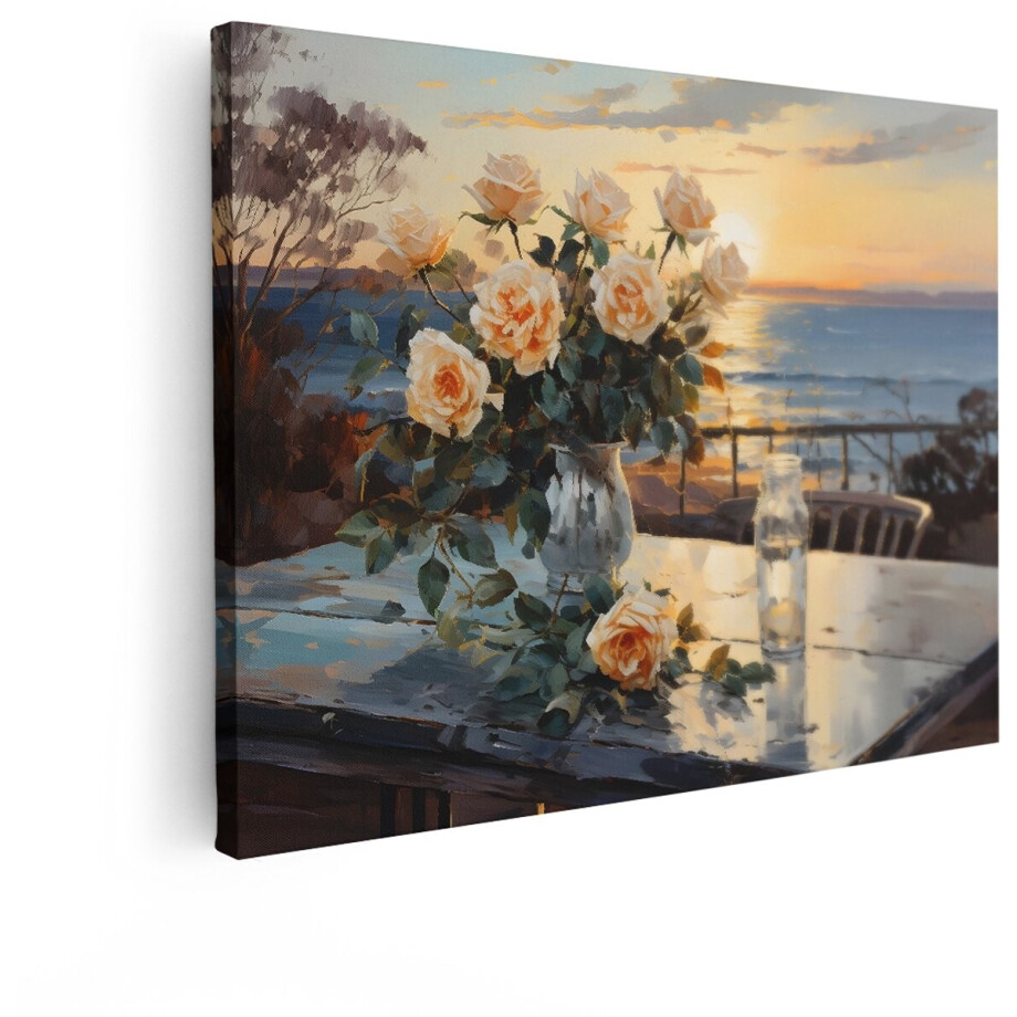 Artaza Canvas Schilderij Rozen - 80x60 cm - Wanddecoratie Zonsondergang - Muurdecoratie Zee - Decoratie Stilleven Bloemen - Wit afbeelding 1
