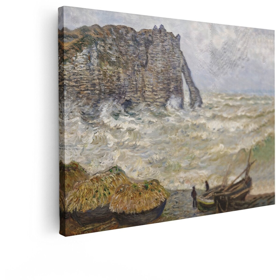 Artaza Canvas Schilderij Impressionistische Kustscène met Rotsen en Boten op een Winderige Dag - 120x90 cm - Groot - Wanddecoratie Woonkamer - Schilderijen - Muurdecoratie afbeelding 1