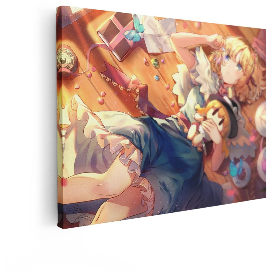 Artaza Canvas Schilderij Anime Meisje met Blond haar Ligt op de Grond met een Knuffel en Vlinders - 40x30 cm - Klein - Wanddecoratie Woonkamer - Schilderijen - Muurdecoratie afbeelding 1