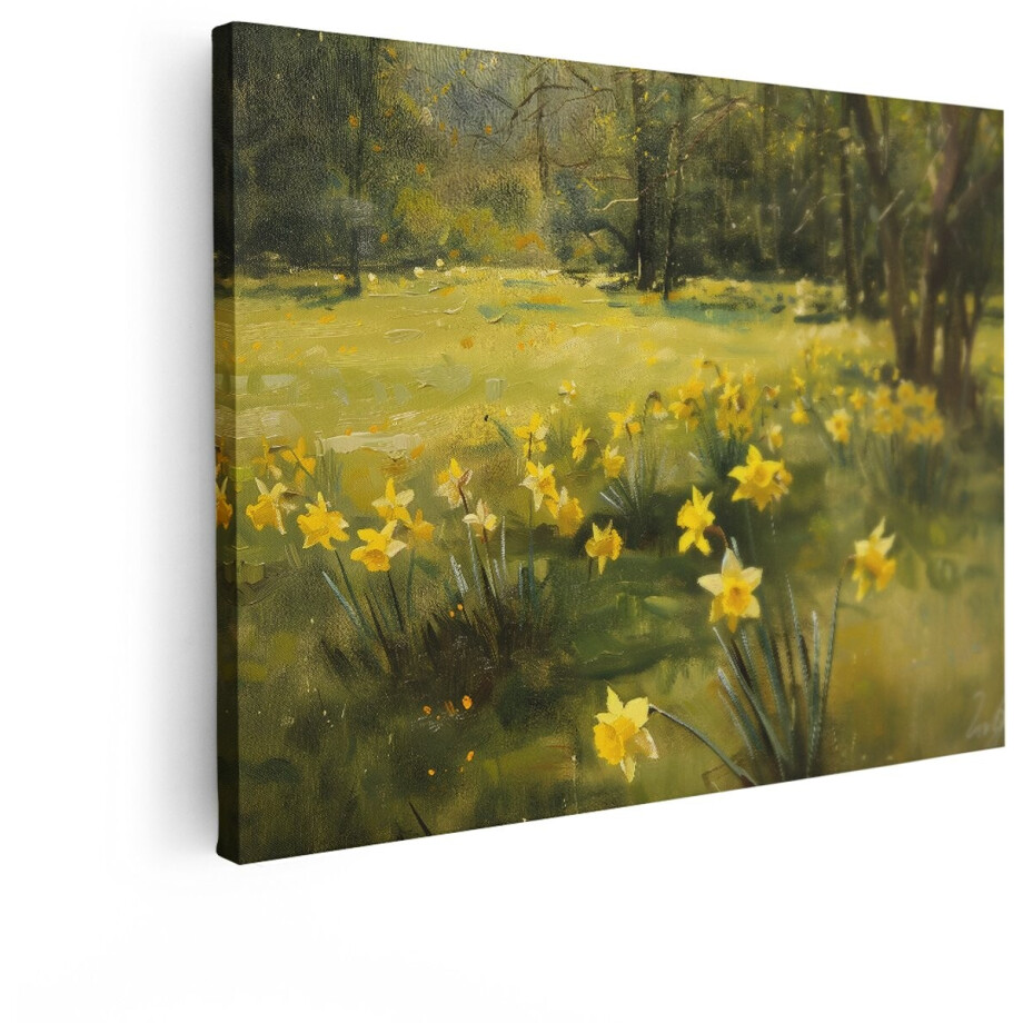 Artaza Canvas Schilderij Schilderij van een Veld Vol Gele Narcissen in de Zonovergoten Lente Bossen - 120x90 cm - Groot - Wanddecoratie Woonkamer - Schilderijen - Muurdecoratie afbeelding 1