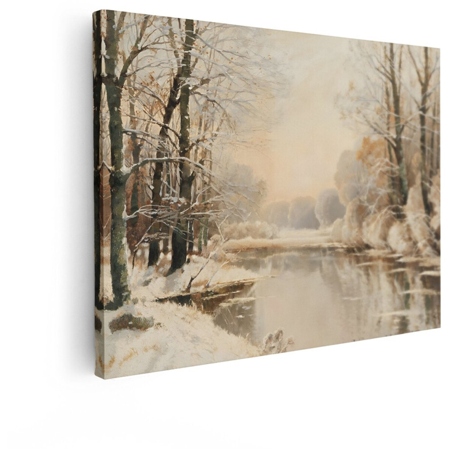 Artaza Canvas Schilderij Schilderij van een Besneeuwd Boslandschap met een Rustige Rivier in de Ochtendzon - 40x30 cm - Klein - Wanddecoratie Woonkamer - Schilderijen - Muurdecoratie afbeelding 1