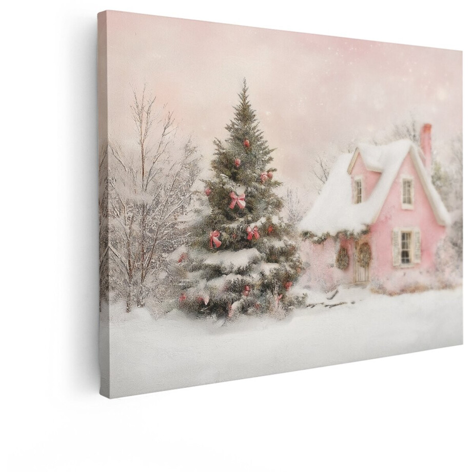 Artaza Canvas Schilderij Sfeervol Roze Huisje met Kerstboom in Besneeuwd Winterlandschap - 120x90 cm - Groot - Wanddecoratie Woonkamer - Schilderijen - Muurdecoratie Artaza Canvas Schilderij Sfeervol Roze Huisje met Kerstboom in Besneeuwd Winterlandschap - 120x90 cm - Groot - Wanddecoratie Woonkamer - Schilderijen - Muurdecoratie afbeelding 1