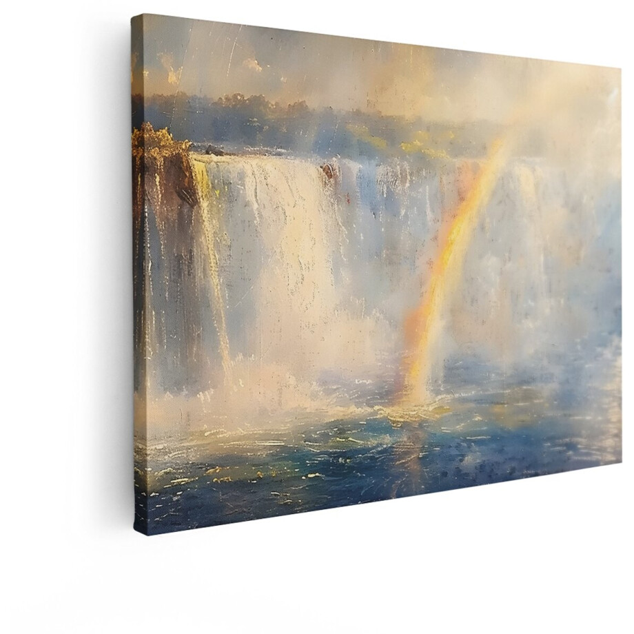 Artaza Canvas Schilderij Prachtige Waterval met Regenboog in Zacht Ochtendlicht - Impressionistische Stijl - 120x90 cm - Groot - Wanddecoratie Woonkamer - Schilderijen - Muurdecoratie afbeelding 1