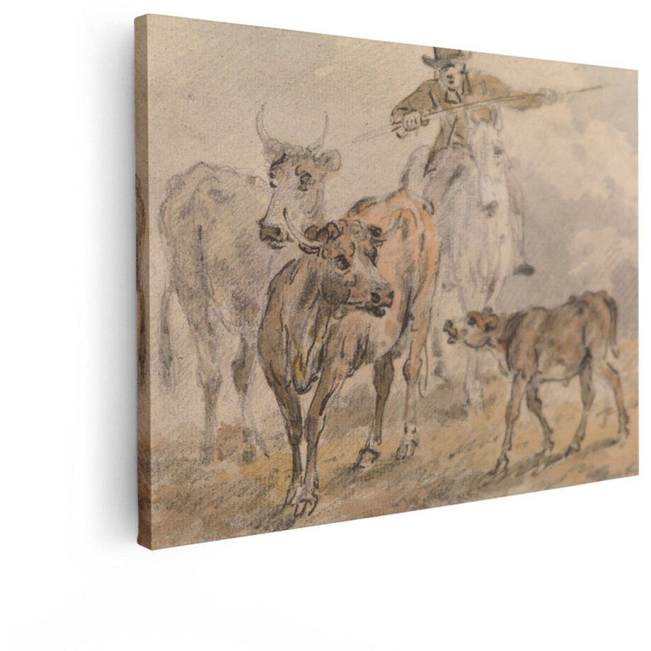Artaza Canvas Schilderij Koeien - 80x60 cm - Wanddecoratie Boer Te Paard - Muurdecoratie Vee - Schilderijen Landschap Natuur afbeelding 1