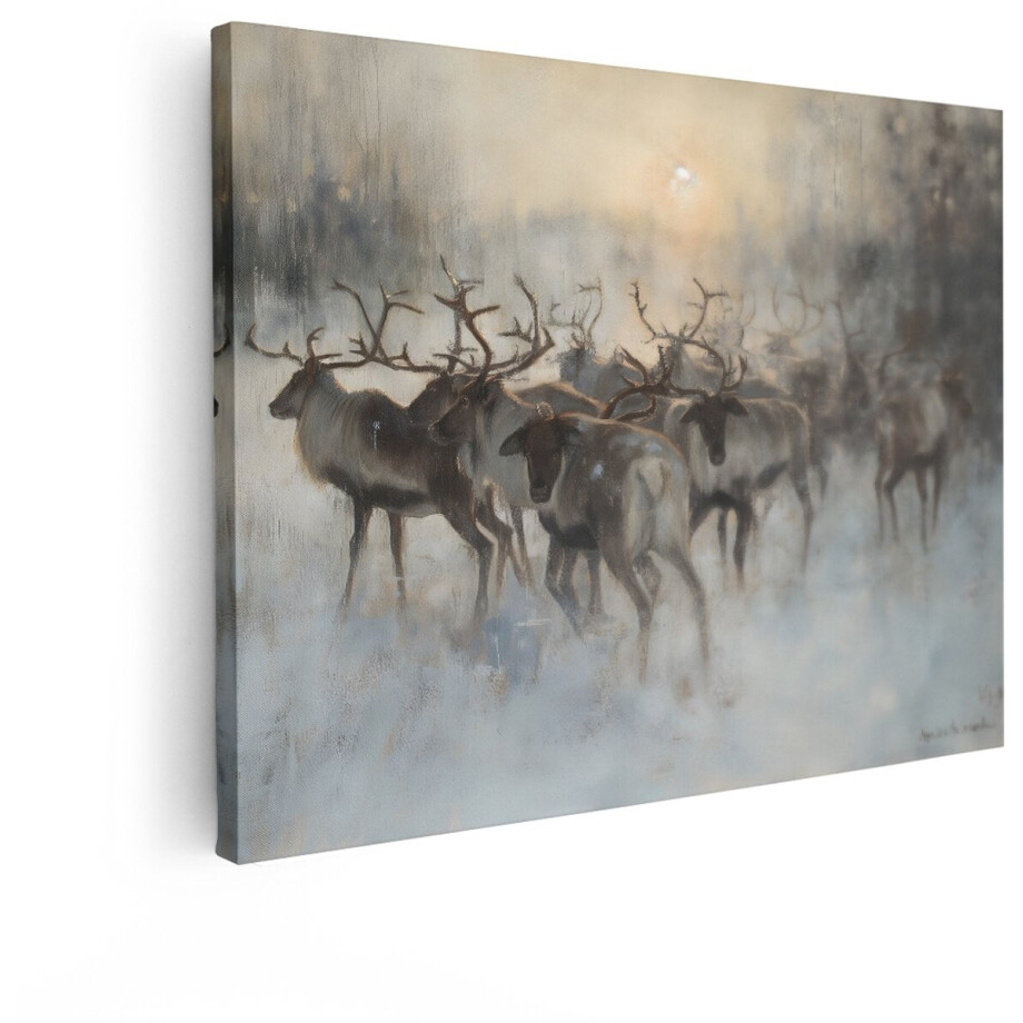 Artaza Canvas Schilderij Een Kudde Rendieren Trekt door een Mistige - Winterse Boslandschap bij Zonsopgang - 40x30 cm - Klein - Wanddecoratie Woonkamer - Schilderijen - Muurdecoratie afbeelding 1