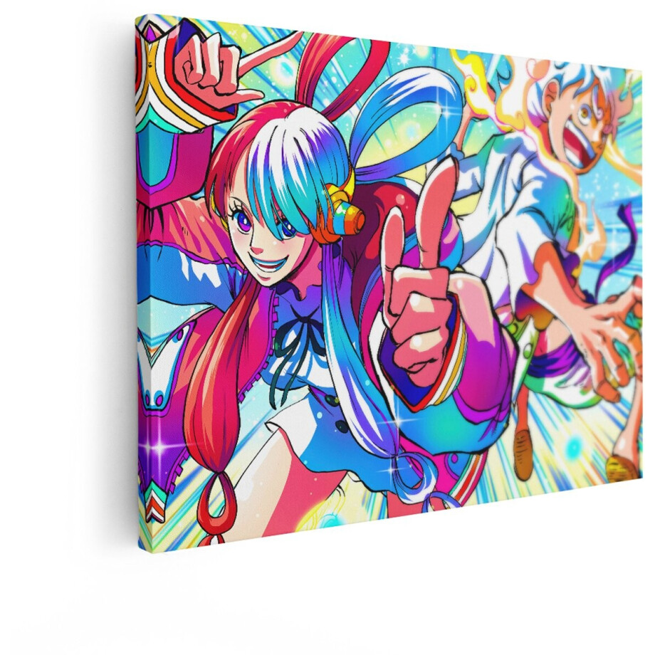 Artaza Canvas Schilderij Uta en Luffy in hun Krachtigste Vormen - Klaar voor Actie met Felle Kleuren - 80x60 cm - Wanddecoratie Woonkamer - Schilderijen - Muurdecoratie afbeelding 1