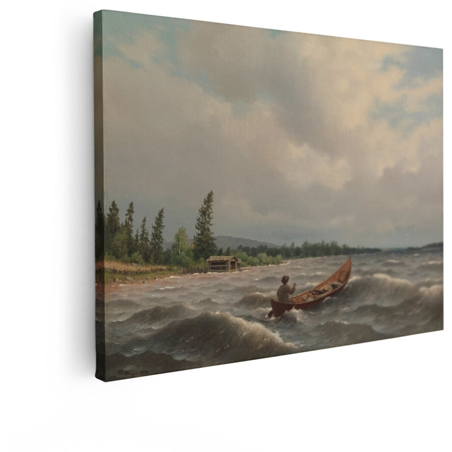 Artaza Canvas Schilderij Man in Roeiboot op Woelige Wateren met een Hut aan de Kust - 40x30 cm - Klein - Wanddecoratie Woonkamer - Schilderijen - Muurdecoratie afbeelding 1