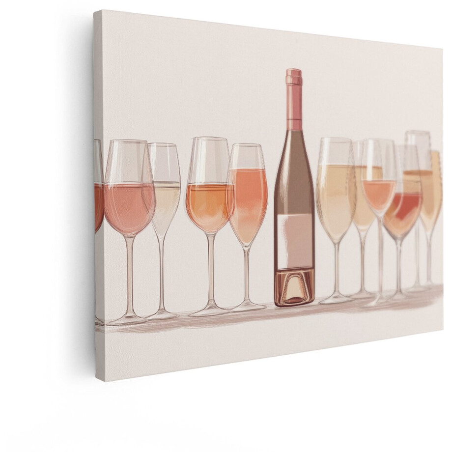 Artaza Canvas Schilderij Een Fles Roséwijn met Diverse Glazen Gevuld met Verschillende Soorten Wijn - 40x30 cm - Klein - Wanddecoratie Woonkamer - Schilderijen - Muurdecoratie afbeelding 1