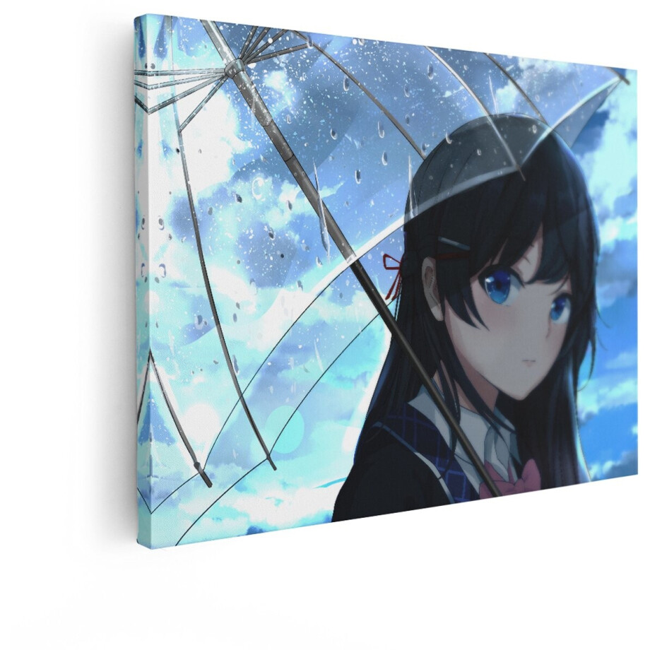 Artaza Canvas Schilderij Anime Meisje - 80x60 cm - Wanddecoratie Paraplu - Muurdecoratie Slaapkamer - Schilderijen Op Canvas Regen - Blauw afbeelding 1