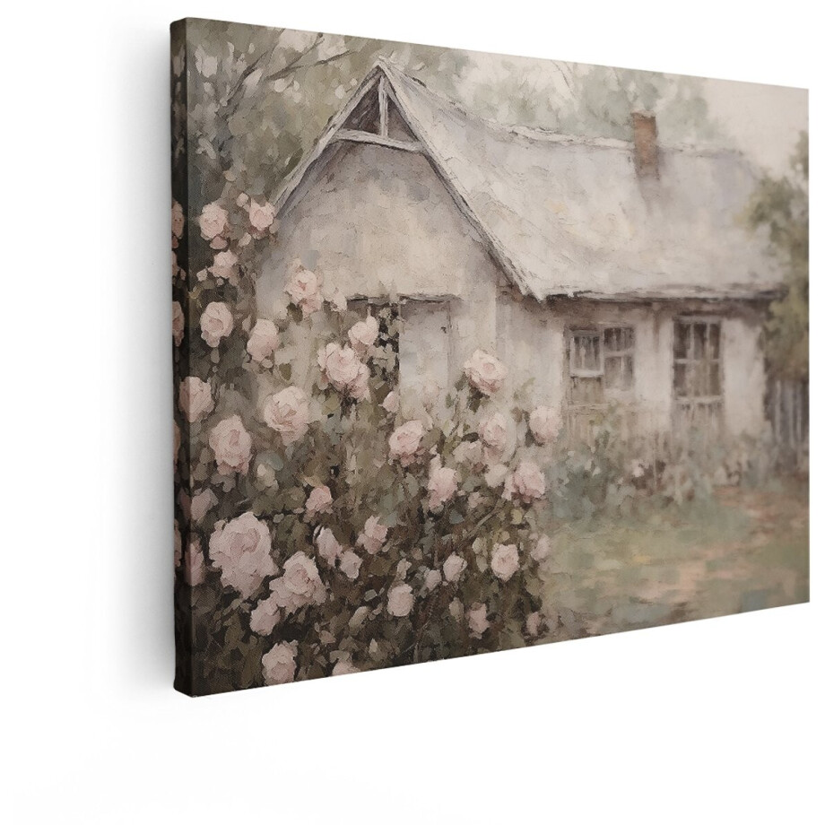 Artaza Canvas Schilderij Landelijk Huisje - 80x60 cm - Wanddecoratie Roze Rozen - Muurdecoratie Landelijk - Schilderijen Op Canvas Natuur afbeelding 1