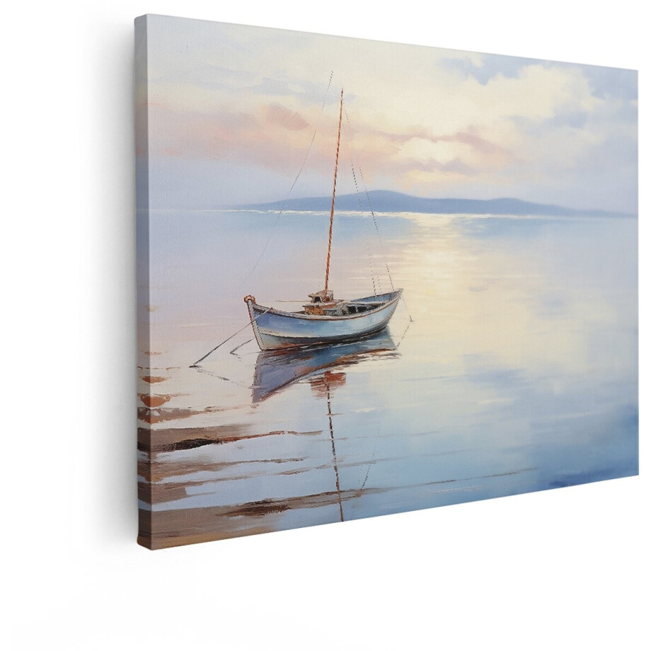 Artaza Canvas Schilderij Een Eenzame Zeilboot Dobbert op Kalm Water bij Zonsopgang met Zachte Wolken - 80x60 cm - Wanddecoratie Woonkamer - Schilderijen - Muurdecoratie afbeelding 1