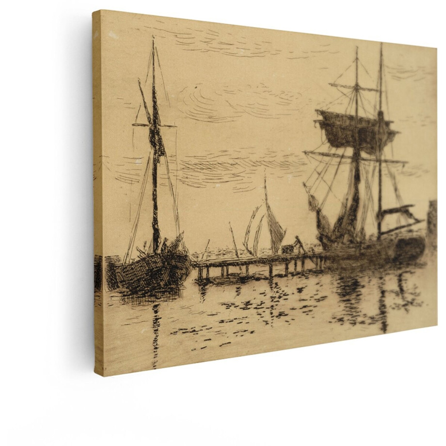 Artaza Canvas Schilderij Schets van Zeilschepen aan een Pier met een Arbeider Die Vracht Verplaatst - 40x30 cm - Klein - Wanddecoratie Woonkamer - Schilderijen - Muurdecoratie afbeelding 1