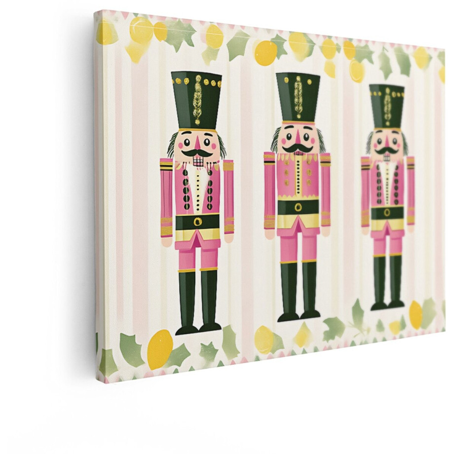 Artaza Canvas Schilderij Drie Roze Notenkrakers met Citronen en Bladeren Decoratie - 40x30 cm - Klein - Wanddecoratie Woonkamer - Schilderijen - Muurdecoratie afbeelding 1