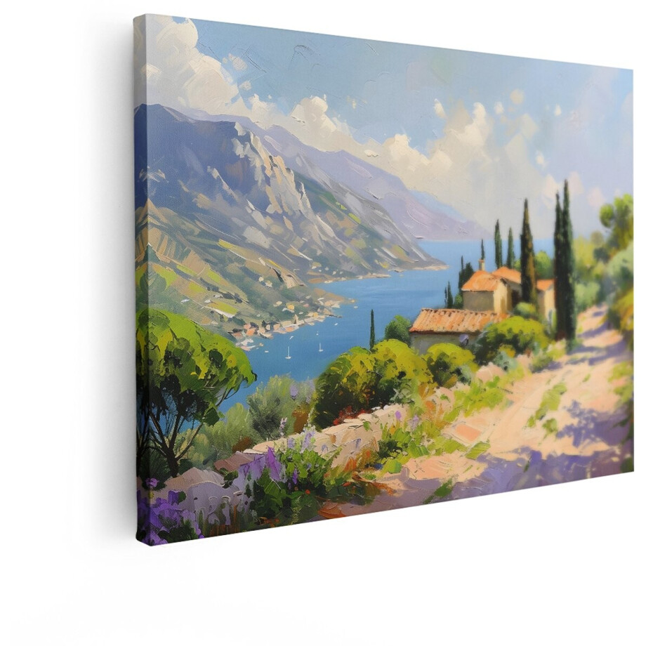 Artaza Canvas Schilderij Mediterraan Landschap - 80x60 cm - Wanddecoratie Natuur - Muurdecoratie Bergen - Decoratie Cipressen Baai afbeelding 1