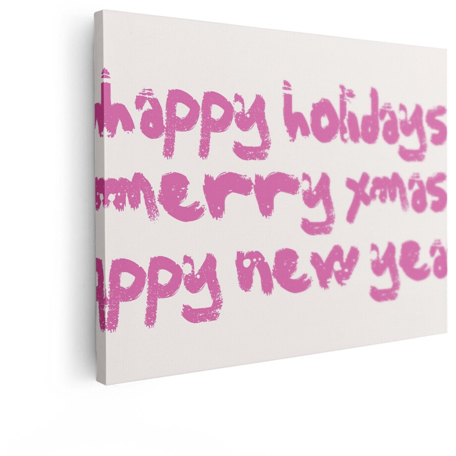 Artaza Canvas Schilderij Vrolijke Feestdagen en een Gelukkig Nieuwjaar met Roze Tekst - 40x30 cm - Klein - Wanddecoratie Woonkamer - Schilderijen - Muurdecoratie afbeelding 1