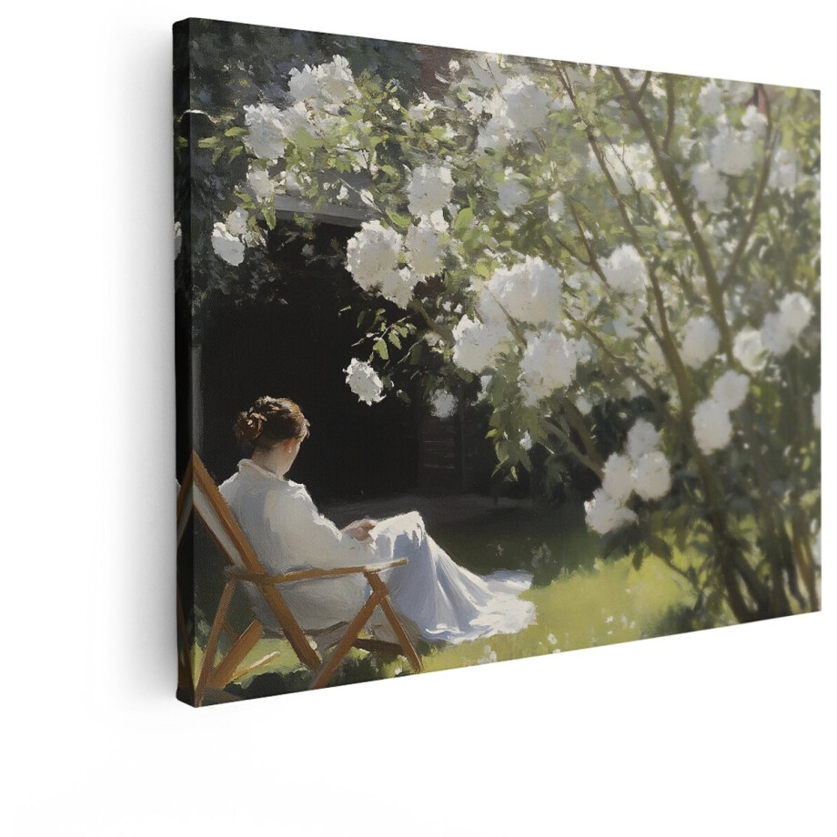 Artaza Canvas Schilderij Vrouw In Witte Jurk - 120x90 cm - Wanddecoratie Bloemen - Muurdecoratie Tuin - Schilderijen Op Canvas Wit afbeelding 1