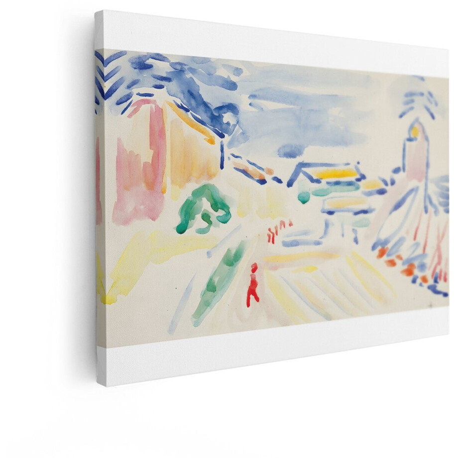 Artaza Canvas Schilderij Abstracte Aquarel van een Dorp met Kleurrijke Gebouwen en een Toren - 120x90 cm - Groot - Wanddecoratie Woonkamer - Schilderijen - Muurdecoratie afbeelding 1