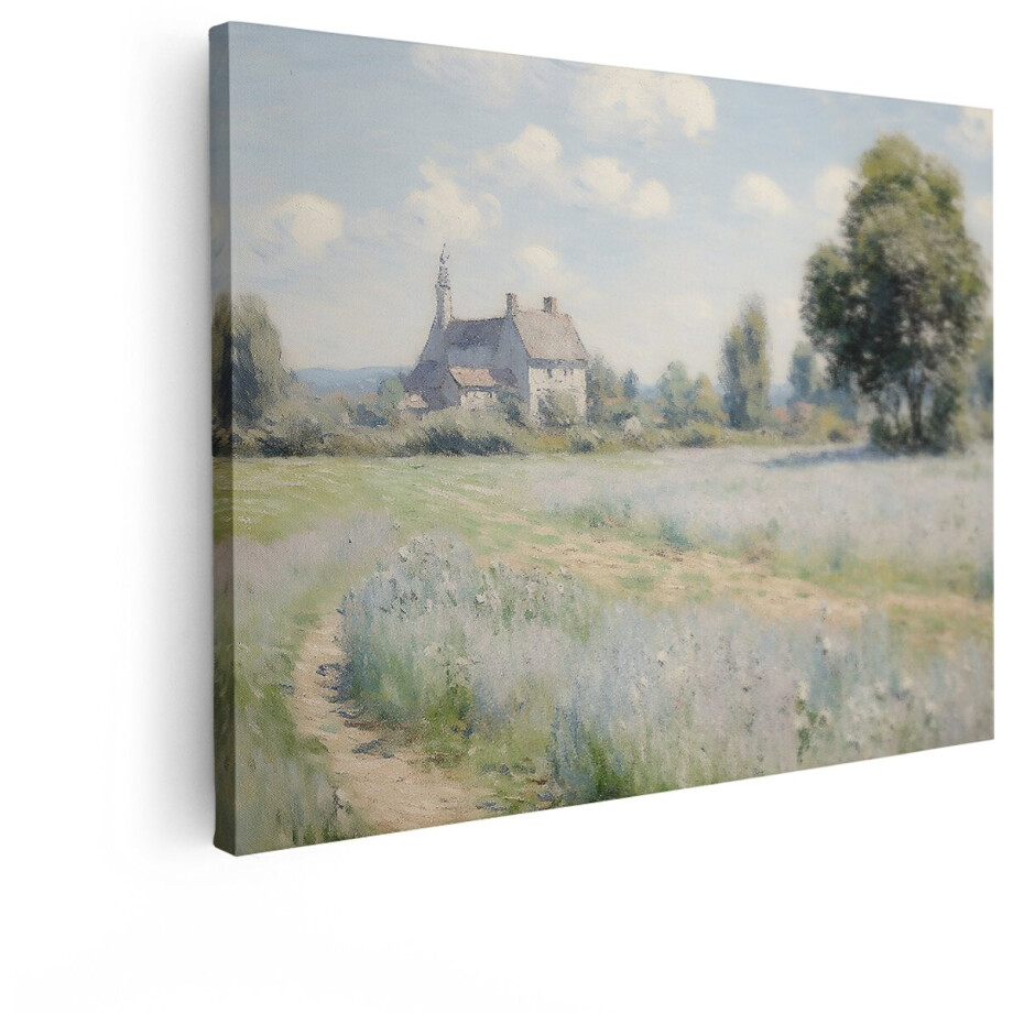 Artaza Canvas Schilderij Landschap - 80x60 cm - Wanddecoratie Boerderij - Muurdecoratie Bloemenveld - Decoratie Monet Stijl afbeelding 1