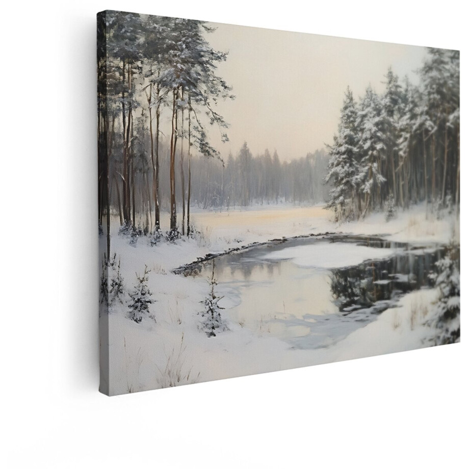 Artaza Canvas Schilderij Besneeuwd Boslandschap met een Bevroren Rivier en Hoge Dennenbomen - 120x90 cm - Groot - Wanddecoratie Woonkamer - Schilderijen - Muurdecoratie afbeelding 1