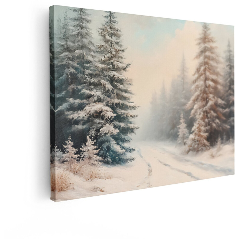 Artaza Canvas Schilderij Winter Landschap - 80x60 cm - Wanddecoratie Besneeuwd Bos - Muurdecoratie Natuur - Schilderijen Dennenbomen afbeelding 1