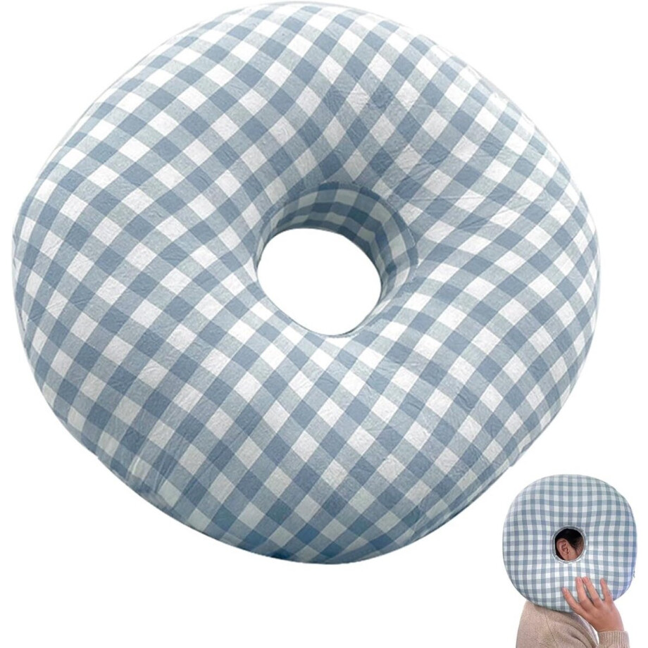 Thelau - Piercing kussen met gat, donutkussen, katoenen hoofdkussen, slaapring ter verlichting van oorpijn, zijslapers, blauw geruit Thelau - Piercing kussen met gat, donutkussen, katoenen hoofdkussen, slaapring ter verlichting van oorpijn, zijslapers, blauw geruit afbeelding