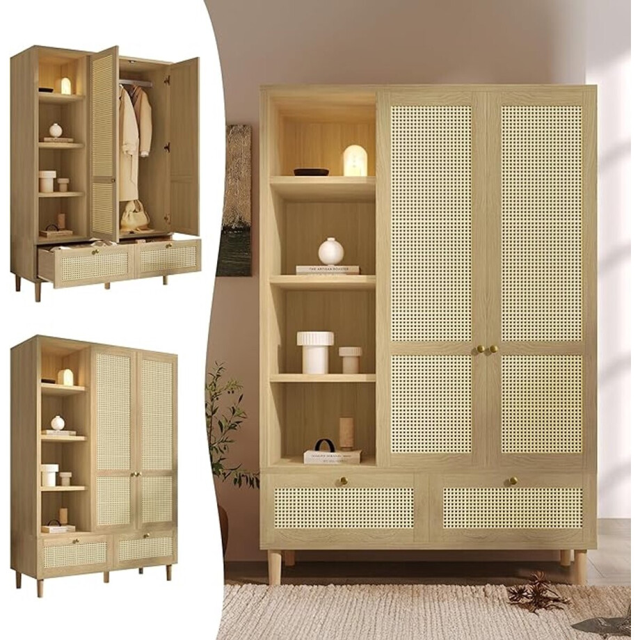 Kledingkast 180x120x50 cm – Landelijke 2-Deurs Kast met Rattan Front, 2 Lades, Open Vakken en Kledingroede – Eikenlook – Abkantoor Kledingkast 180x120x50 cm – Landelijke 2-Deurs Kast met Rattan Front, 2 Lades, Open Vakken en Kledingroede – Eikenlook – Abkantoor afbeelding 1