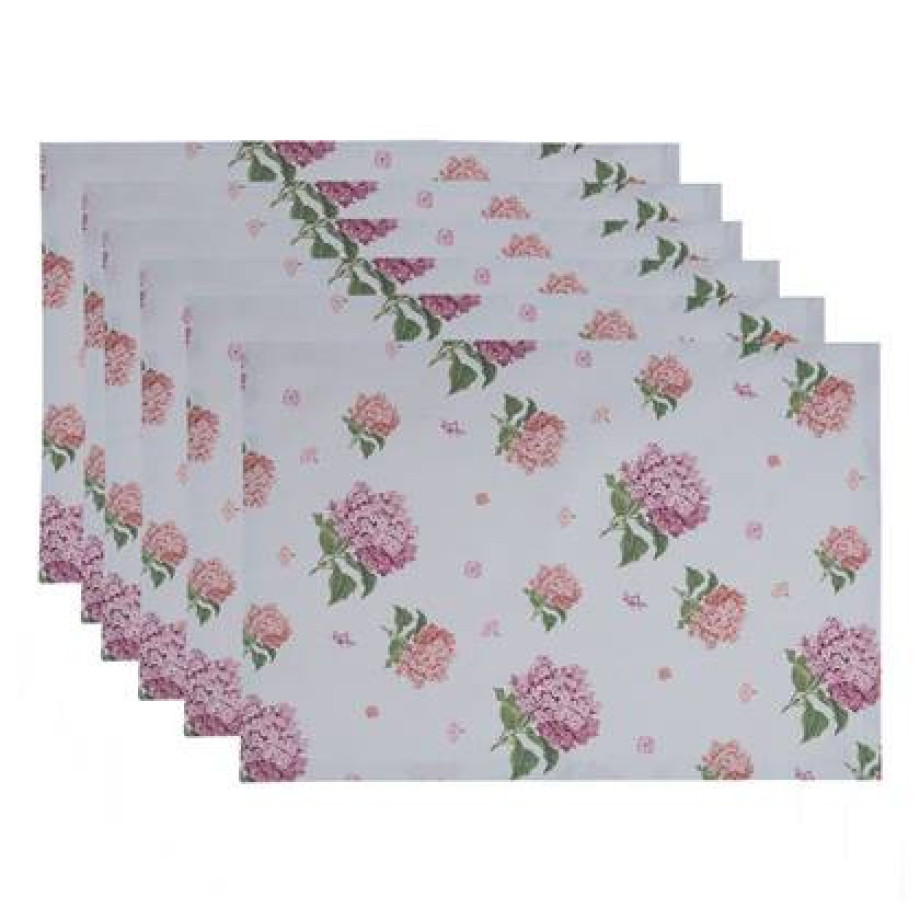 Clayre & Eef Placemats Set van 6 48x33 cm Wit Roze Katoen Hortensia afbeelding 1